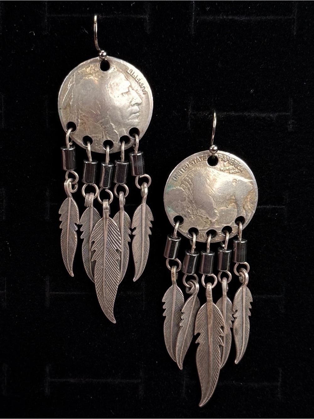 Vintage Buffalo Head Nickel Coin & Feather Dangle Pierced Earrings
